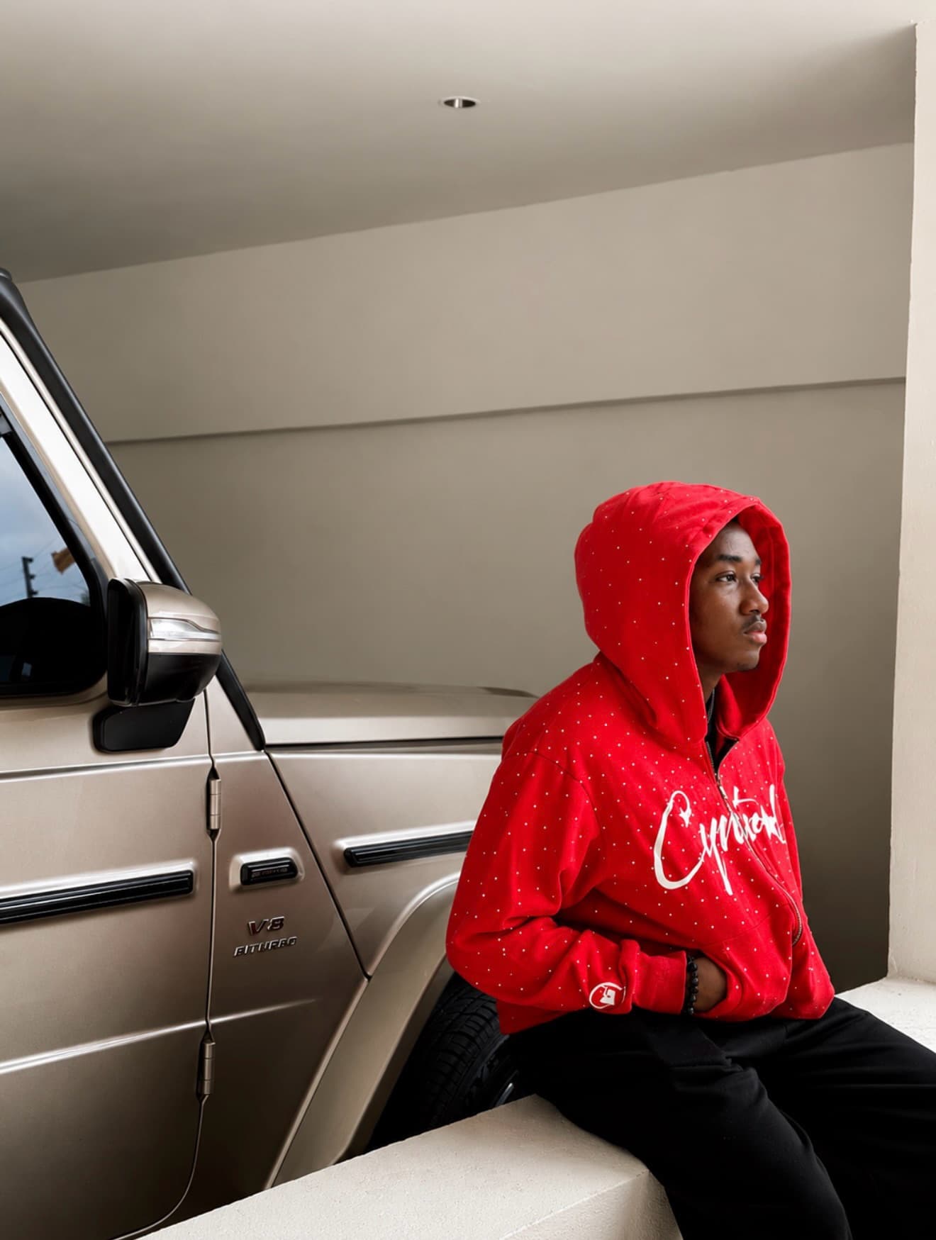 Red hoodie seated in garage